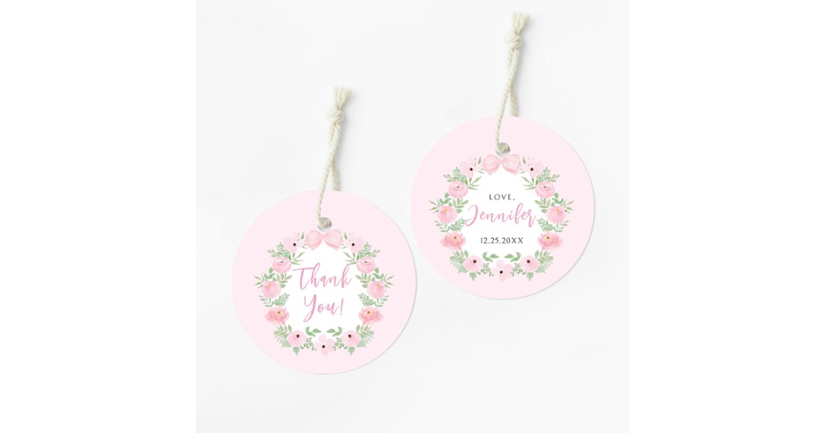 Cute pastel pink floral baby girl shower thank you favor tags | Zazzle