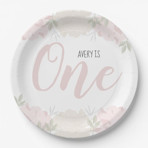 Cute Pastel Pink Floral Babys 1st Birthday Paper Plates