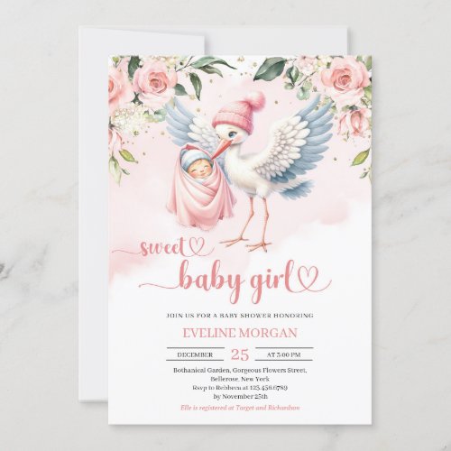 Cute pastel pink floral stork delivery baby girl invitation