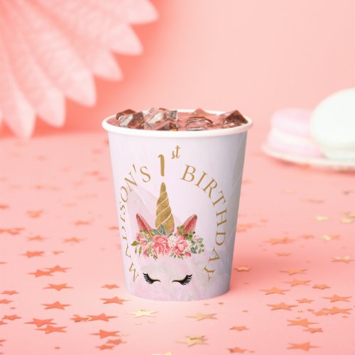 Cute Pastel Pink Floral Unicorn Birthday Party Paper Cups