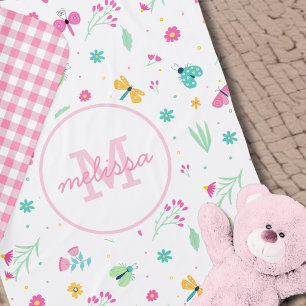 Cute Pastel Pink Floral Wildflowers Monogram Name Baby Blanket