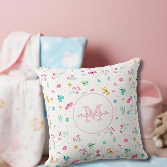 Cute Pastel Pink Floral Wildflowers Monogram Name  Throw Pillow (Creator Uploaded)