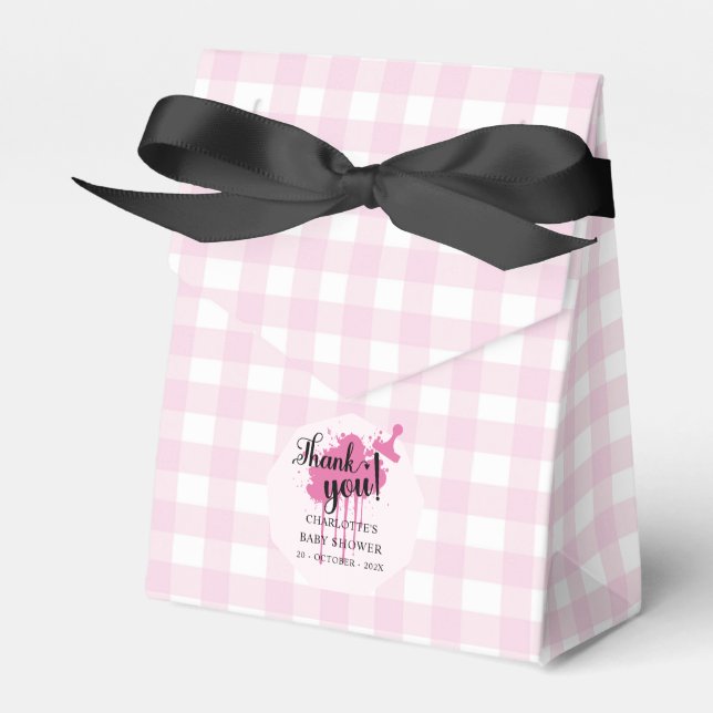 Cute Pastel Pink Gingham Baby Shower Favor Boxes (Front Side)