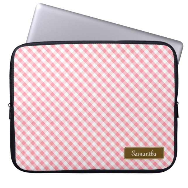 Cute Pastel Pink Gingham Pattern Laptop Sleeve (Front)