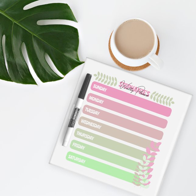 Cute Pastel Pink Green Botanical Weekly Planner Dry Erase Board (Creator Uploaded)