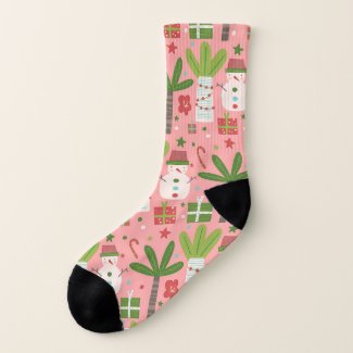 Cute Pastel Pink Green Christmas Snowmen Presents Socks