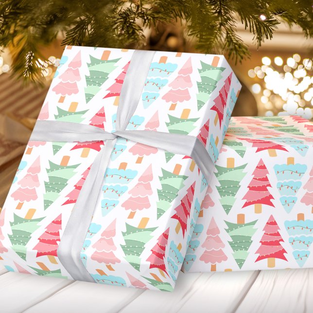 Cute Pastel Pink Green Colorful Christmas Tree Wrapping Paper (Cute Pastel Pink Green Colorful Christmas Tree Wrapping Paper)