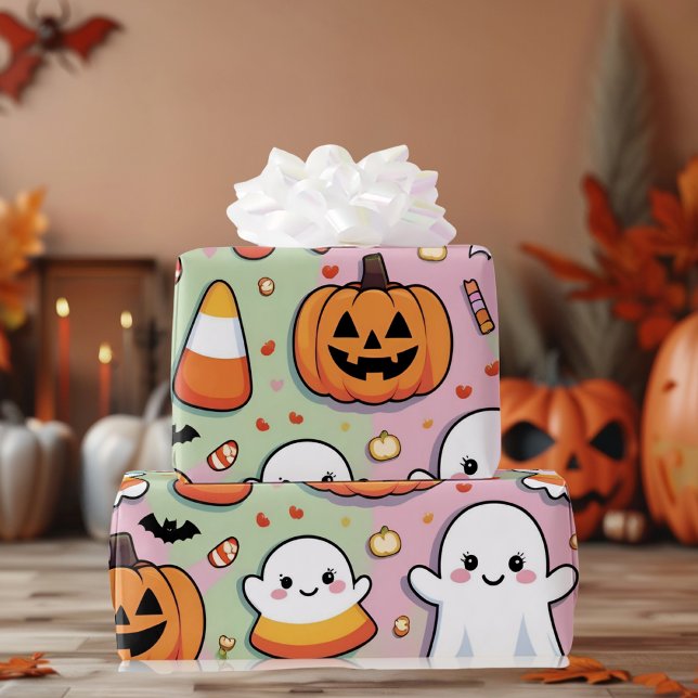 Cute Pastel Pink Halloween Ghost & Pumpkin  Wrapping Paper (Creator Uploaded)