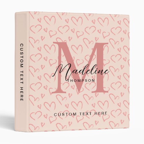 Cute Pastel Pink Heart Pattern Script Monogram 3 Ring Binder