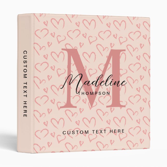 Cute Pastel Pink Heart Pattern Script Monogram 3 Ring Binder (Front/Spine)