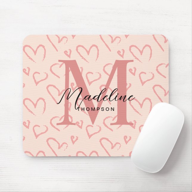 Cute Pastel Pink Heart Pattern Script Monogram Mouse Pad (With Mouse)