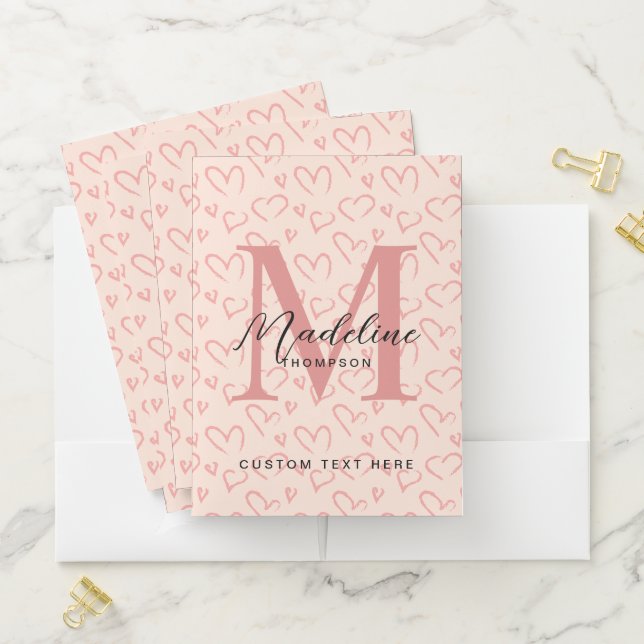 Cute Pastel Pink Heart Pattern Script Monogram Pocket Folder (In Situ)
