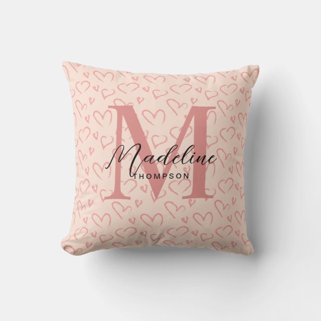 Cute Pastel Pink Heart Pattern Script Monogram Throw Pillow (Front)