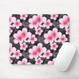Cute Pastel Pink Hibiscus Floral Pattern On Black Mouse Pad