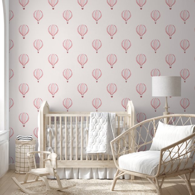 Cute Pastel Pink Hot Air Balloon Baby Girl Nursery Wallpaper (Kids)