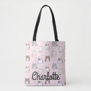 Cute Pastel Pink Kawaii Cats Sparkle Your Name Tote Bag