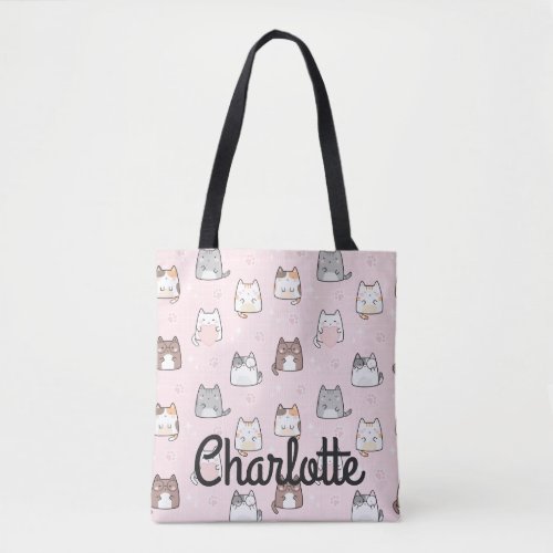 Cute Pastel Pink Kawaii Cats Sparkle Your Name  Tote Bag