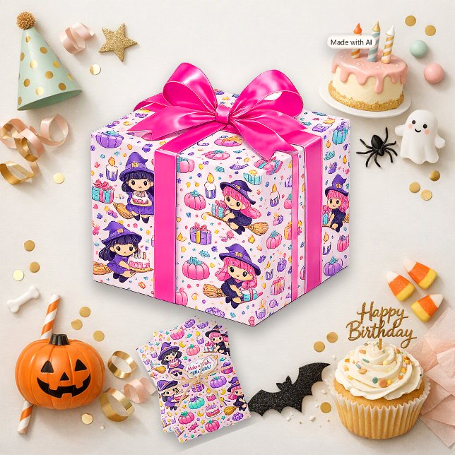 Cute Pastel Pink Kawaii Little Witch Birthday Wrapping Paper Sheets (Creator Uploaded)