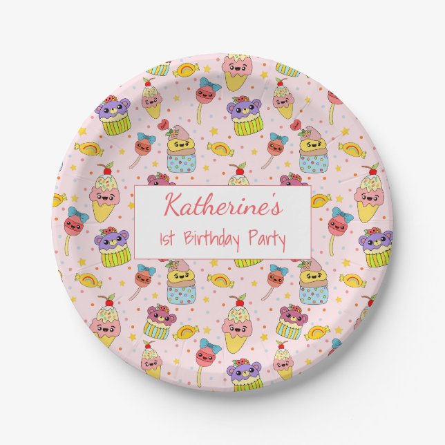 Cute Pastel Pink Kawaii Sweet Food Birthday Party Paper Plates (Front)