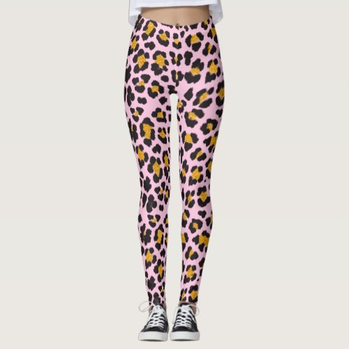 Cute Pastel Pink Leopard Gold Glitter Leggings