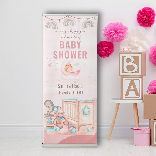 Cute Pastel Pink Modern Baby Shower Retractable Banner