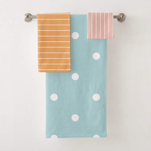 Cute Pastel Pink Orange Blue Stripes  Polka Dots Bath Towel Set
