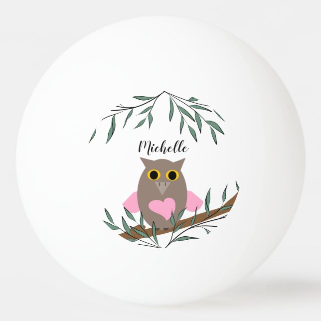 Cute Pastel Pink Owl On Branch Personalized Ping Pong Ball (Front)