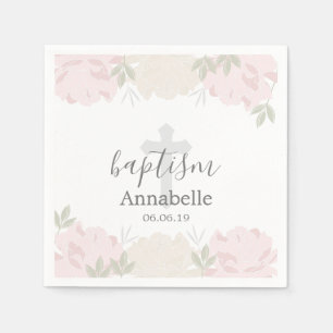 Cute Pastel Pink Peonies Baby Baptism Napkins