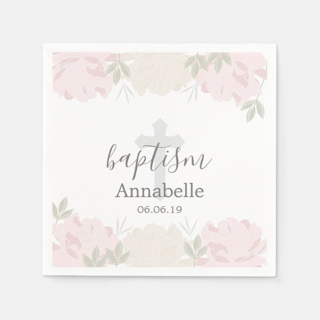 Cute Pastel Pink Peonies Baby Baptism Napkins (Front)