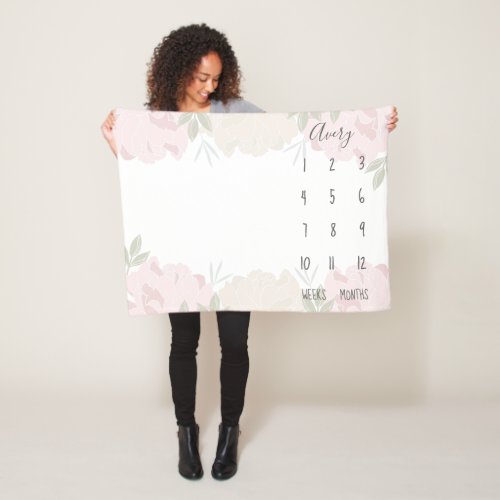 Cute Pastel Pink Peonies Floral Baby Milestone Fleece Blanket