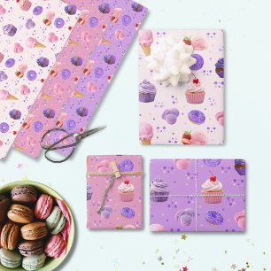 Cute Pastel Pink Purple Cupcake Donut Pattern Wrapping Paper Sheets