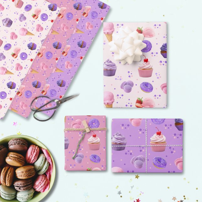 Cute Pastel Pink Purple Cupcake Donut Pattern   Wrapping Paper Sheets (Creator Uploaded)