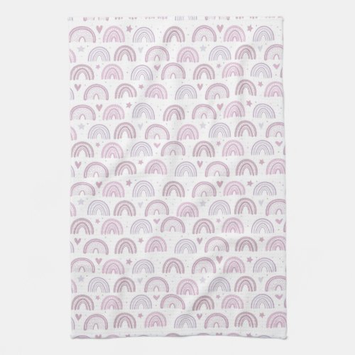 Cute Pastel Pink Rainbows Hearts  Stars pattern Kitchen Towel