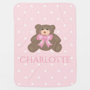 Cute Pastel Pink Ribbon Sweet Teddy Bear Baby Girl Stroller Blanket