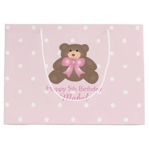 Cute Pastel Pink Ribbon Teddy Bear Girl Birthday Large Gift Bag