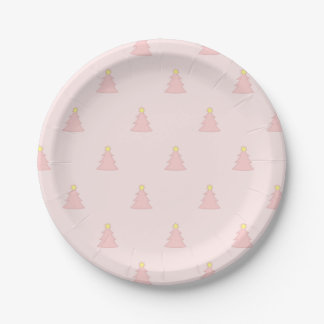 Cute Pastel Pink Rose Christmas Trees Pattern Paper Plates
