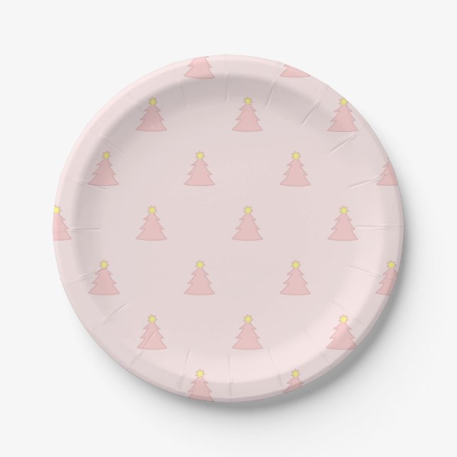 Cute Pastel Pink Rose Christmas Trees Pattern Paper Plates (Front)
