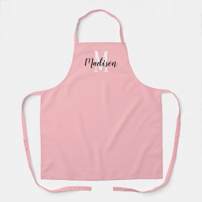Cute Pastel Pink Script Monogram Personalized Apron (Front)