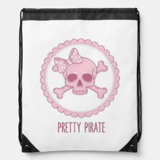 Cute Pastel Pink Skull with Bow and Crossbones Des Drawstring Bag