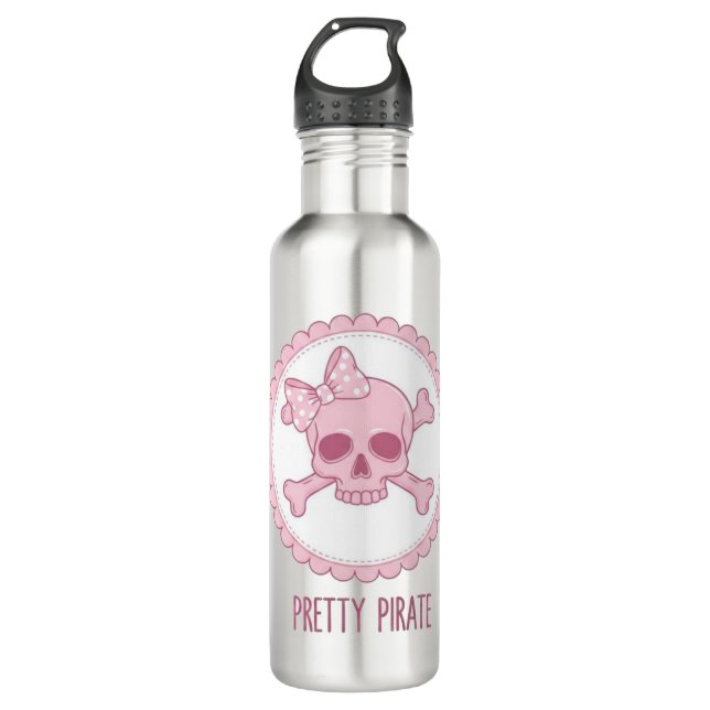 Cute Pastel Pink Skull with Bow and Crossbones Des Stainless Steel Water Bottle (Front)