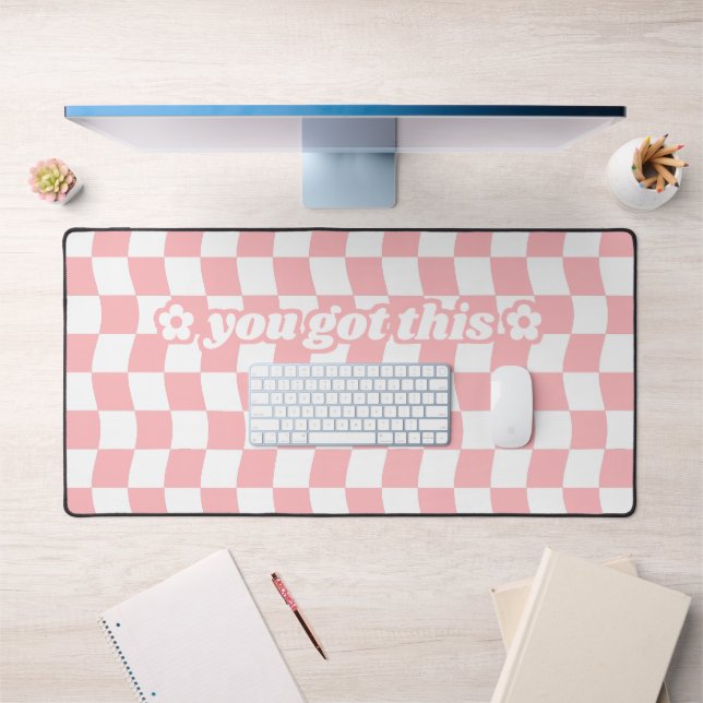 Cute Pastel Pink White Checkerboard Pattern Slogan Desk Mat (Office 1)