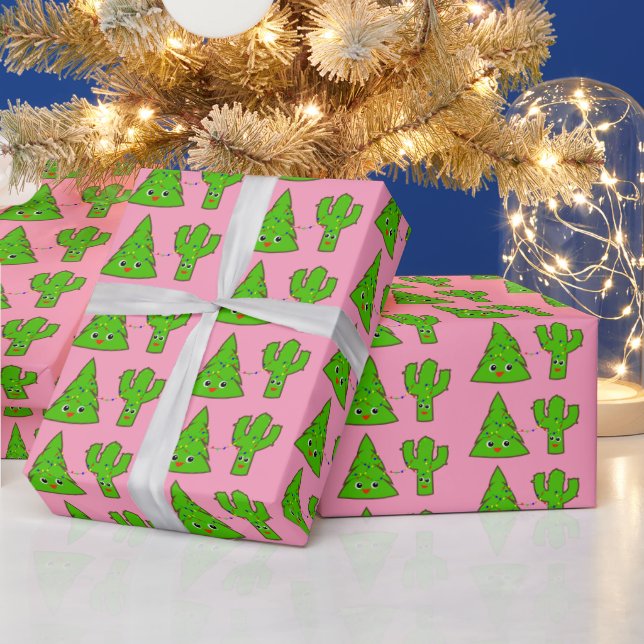 Cute Pastel Pink Xmas Tree Cactus Funny Christmas Wrapping Paper (Holidays)