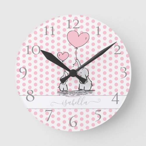 Cute Pastel Polka Dot Pink Baby and Mom Elephant Round Clock