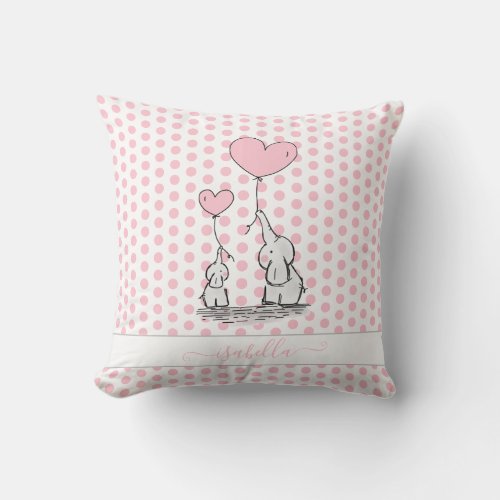 Cute Pastel Polka Dot Pink Baby and Mom Elephant   Throw Pillow