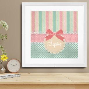 Cute Pastel Polka Dot & Stripes Design Framed Art