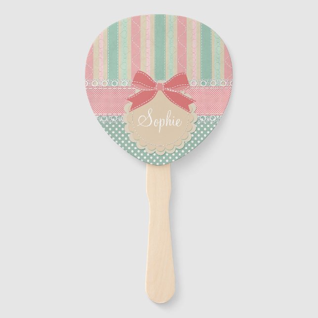 Cute Pastel Polka Dot & Stripes Design Hand Fan (Front)