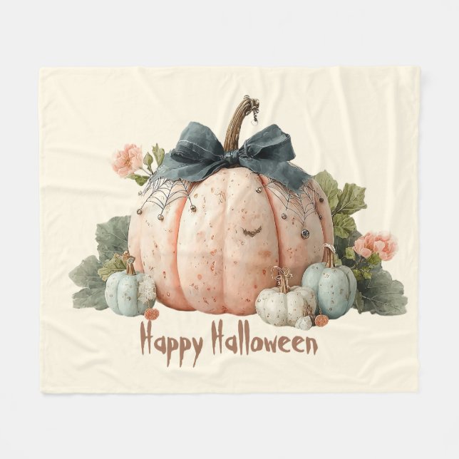 Cute Pastel Pumpkin Happy Halloween Fleece Blanket (Front (Horizontal))