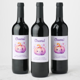 Cute Pastel Pumpkin with Stars Halloween Wine Label