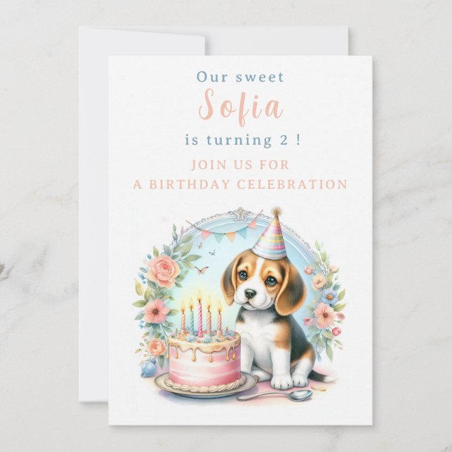 Cute Pastel Puppy Beagle - Birthday  Invitation (Front)