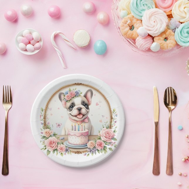Cute Pastel Puppy French Bulldog - Birthday  Paper Plates (Creator Uploaded)